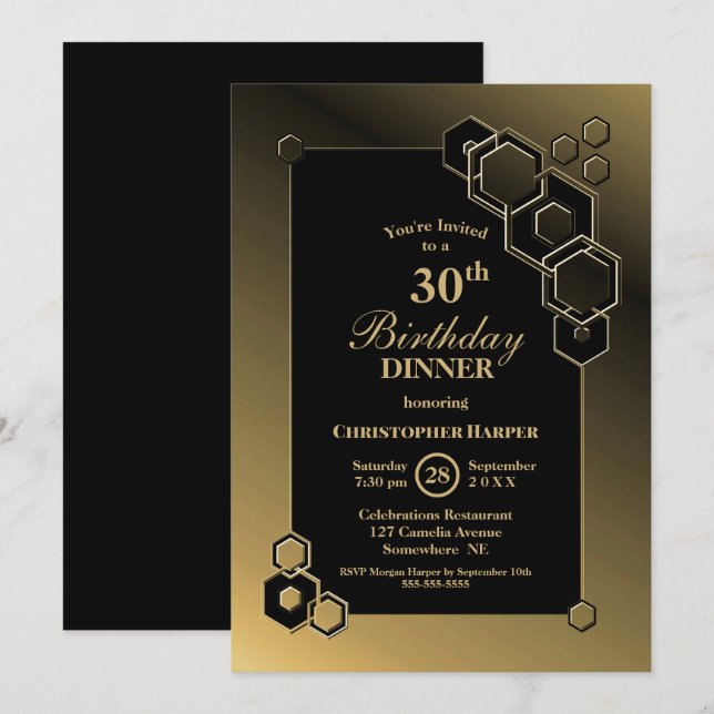 Invitación Geométrico Black Gold 30.º Fiesta de la cena de cu (Anverso / Reverso)