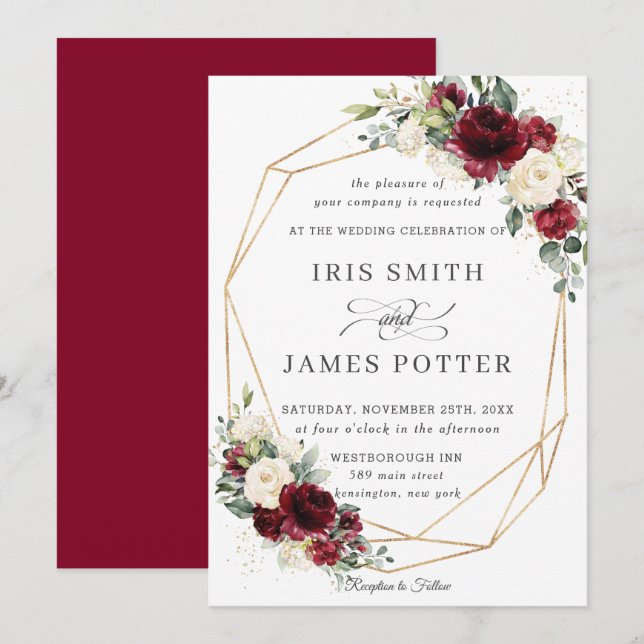 Invitación Geométrico Boda floral de marfil rugoso (Anverso / Reverso)