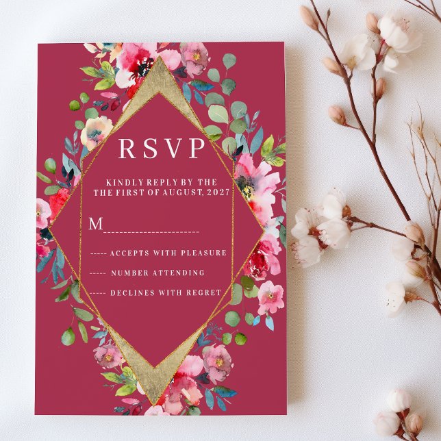 Invitación Geométrico burgundy de menta rosa oro floral RSVP (Geometric burgundy pink mint gold floral RSVP)