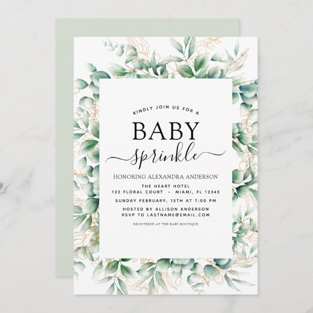 Invitación Geométrico de Eucalipto de Sprinkle de Baby Shower (Anverso / Reverso)