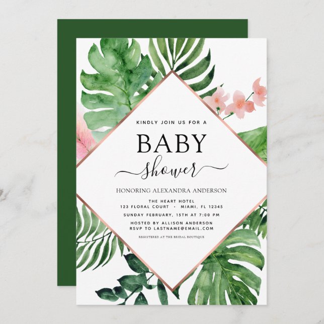 Invitación Geométrico de la acuarela tropical de Baby Shower (Anverso / Reverso)
