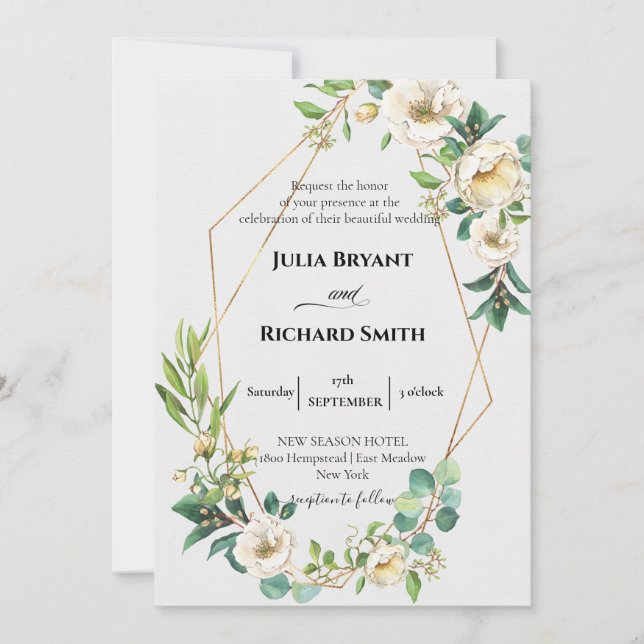 Invitación Geométrico de oro | Boda de follaje floral blanco (Anverso)