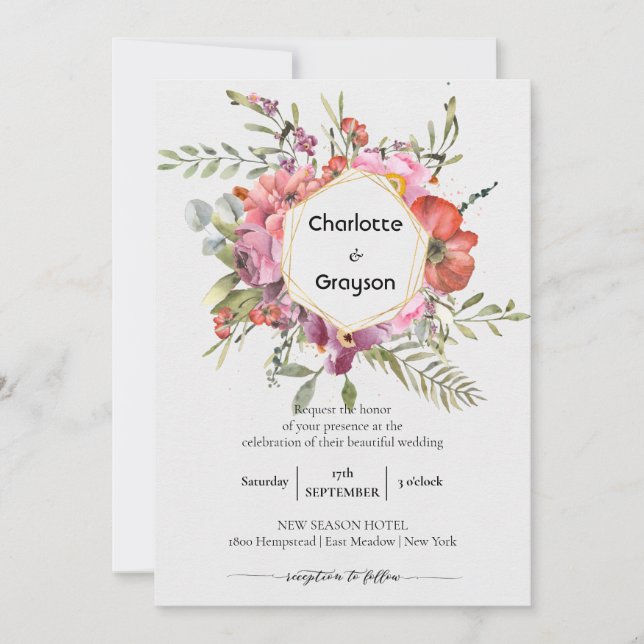 Invitación Geométrico de oro | Boda Violet Floral Bouquet (Anverso)