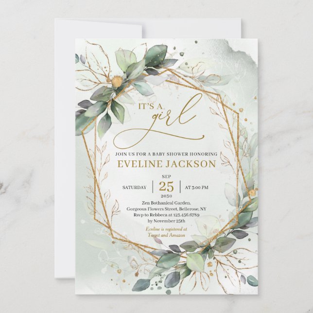 Invitación Geométrico de oro de frondosas hojas de vegetación (Anverso)
