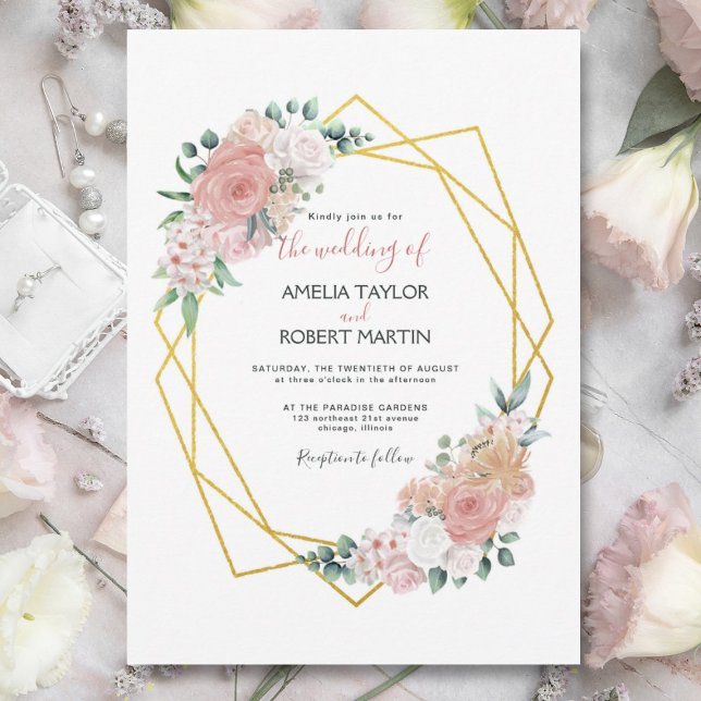 Invitación Geométrico de oro floral rosa Rubor (Subido por el creador)