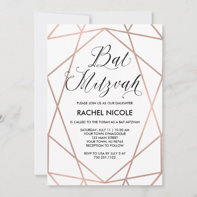 Invitación Geométrico de oro Rosa blanco y falso | Bat Mitzva (Anverso)