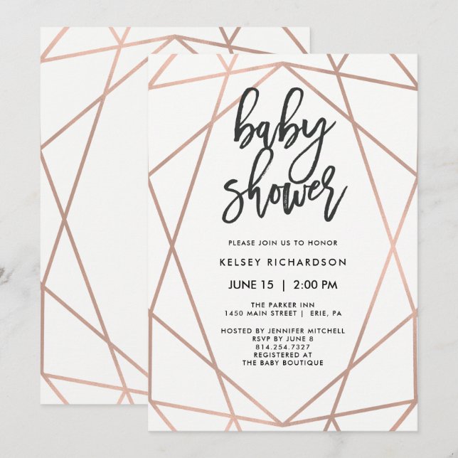 Invitación Geométrico de oro Rosa Faux moderno | BABY SHOWER (Anverso / Reverso)
