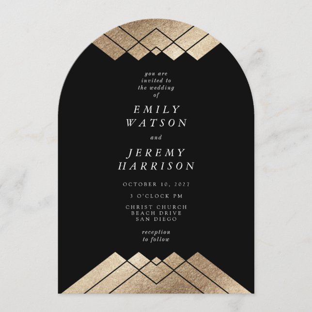 Invitación Geométrico Deco Negro Gatsby Arch Boda (Anverso)