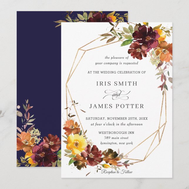 Invitación Geométrico del Boda floral ruso de borgoña amarill (Anverso / Reverso)