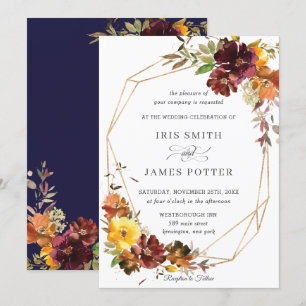 Invitación Geométrico del Boda floral ruso de borgoña amarill