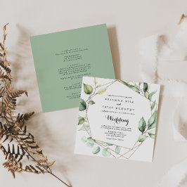 Invitación Geométrico Elegante Oro Verde Frente y Boda Atrás