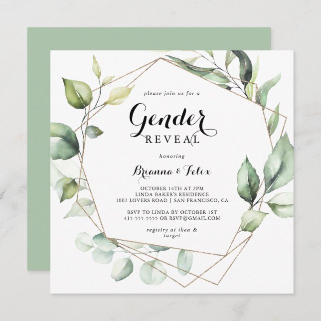 Invitación Geométrico Elegante Oro Verde Género Revelador Fie (Anverso / Reverso)