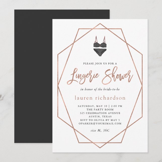 Invitación Geométrico Faux Rosa Gold| Ducha de lencería (Anverso / Reverso)