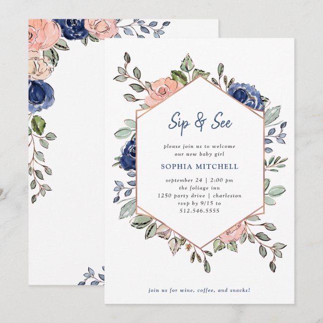 Invitación Geométrico floral de Rubor y Marina | Sip y See (Anverso / Reverso)