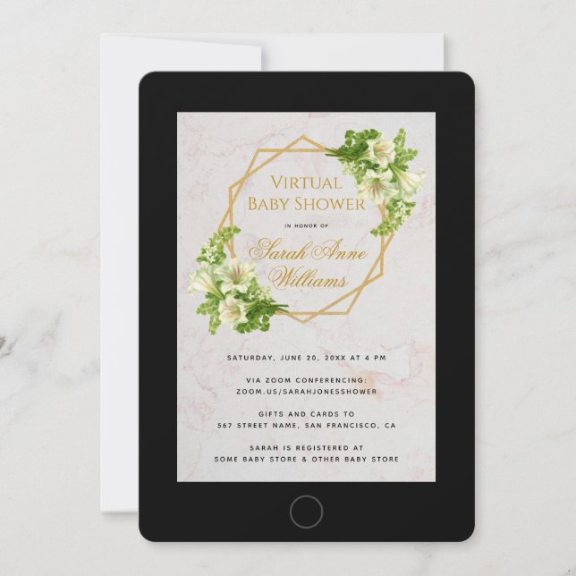 Invitación Geométrico Floral de Tablet Baby Shower Lilies vir (Anverso)