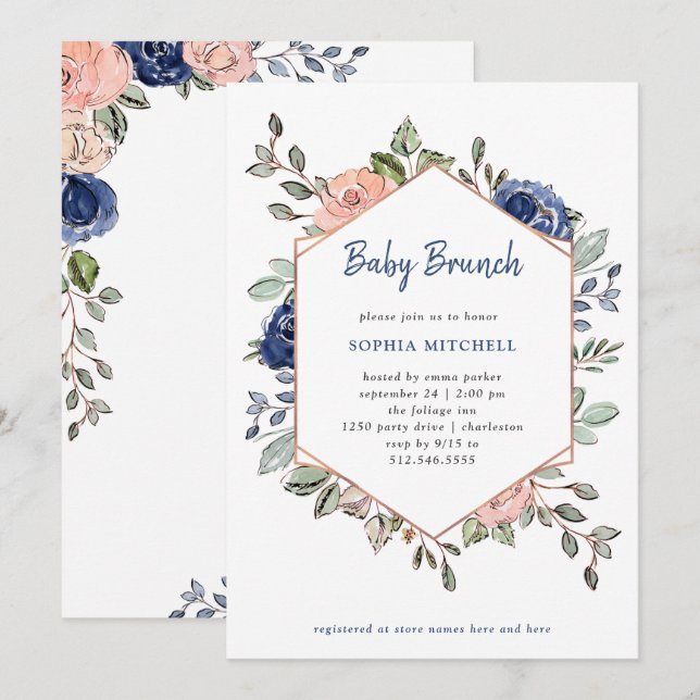 Invitación Geométrico floral rosa y azul| Bebé Brunch (Anverso / Reverso)