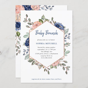 Invitación Geométrico floral rosa y azul  Bebé Brunch