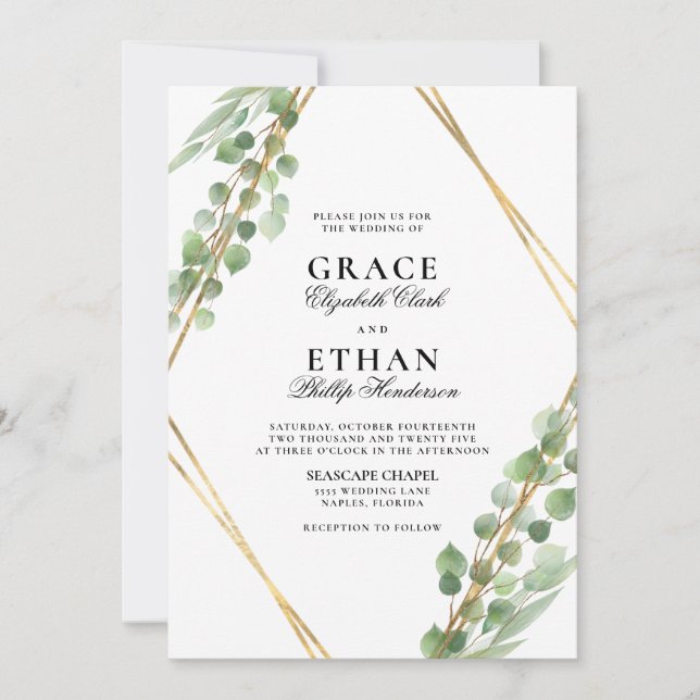 Invitación Geométrico Greenery Gold Frame Eucalyptus Boda (Anverso)