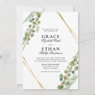 Invitación Geométrico Greenery Gold Frame Eucalyptus Boda