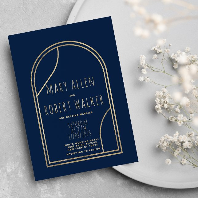 Invitación Geométrico moderno azul marino azul dorado boda el (Geometric modern navy blue gold classy wedding)