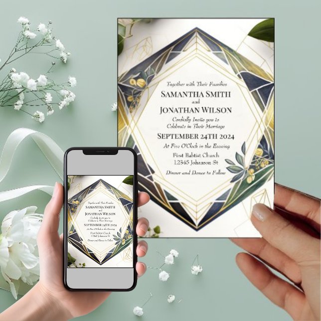 Invitación Geométrico moderno con boda de flores pequeñas (Subido por el creador)