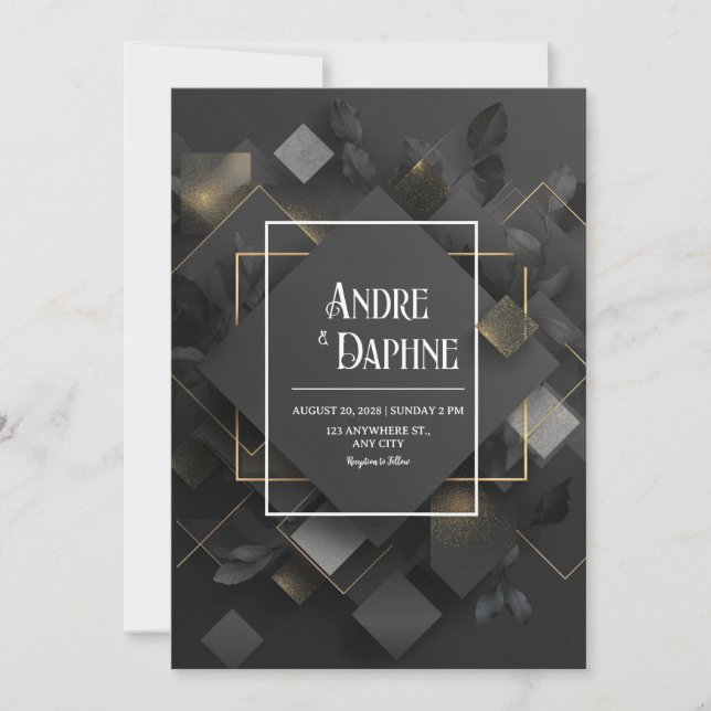 Invitación Geométrico Negro Moderno Con Boda De Acentos De Or (Anverso)