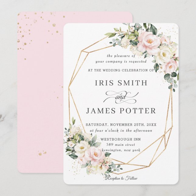 Invitación Geométrico oro del Boda floral de marfil rosa Rubo (Anverso / Reverso)