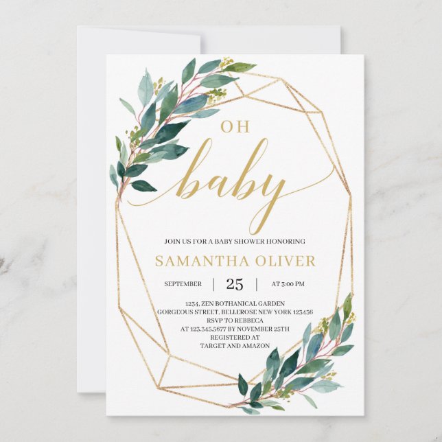 Invitación Geométrico oro del eucalipto verde Oh Baby Shower (Anverso)