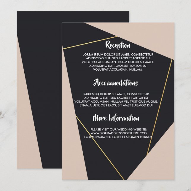 Invitación Geométrico rosa negro y oro (Anverso / Reverso)