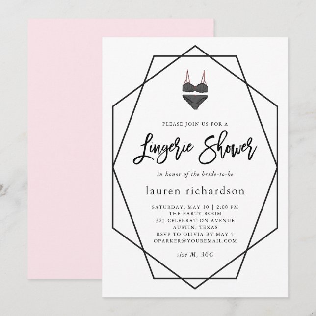 Invitación Geométrico rosa y blanco de Rubor | Lingerie Showe (Anverso / Reverso)