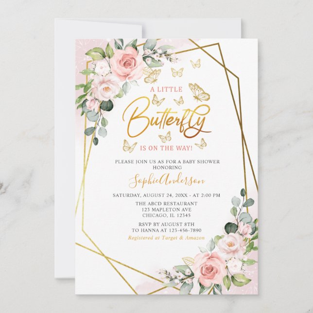 Invitación Geométrico Rubor Gold Floral Butterfly Baby Shower (Anverso)