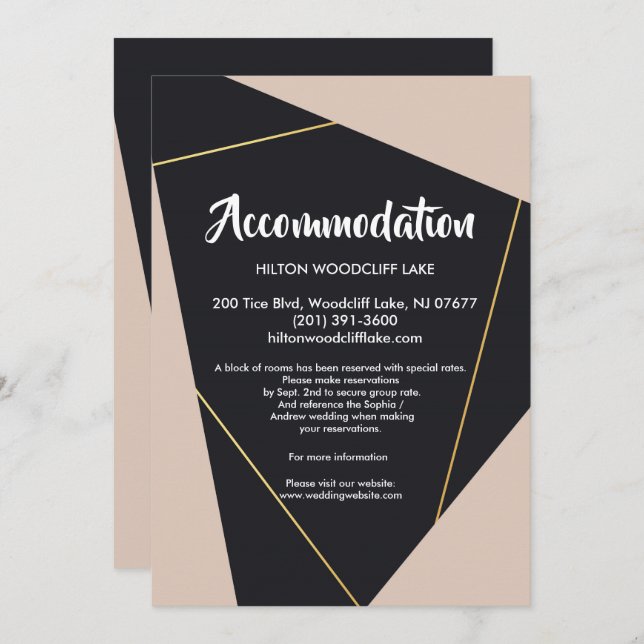 Invitación Geometrio rosa negro y dorado para albergar Enclos (Anverso / Reverso)