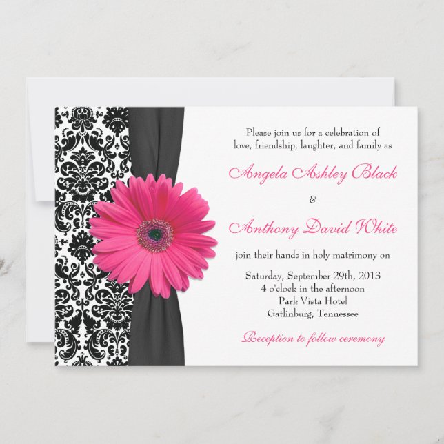 Invitación Gerber Daisy Black Damask Wedding (Anverso)