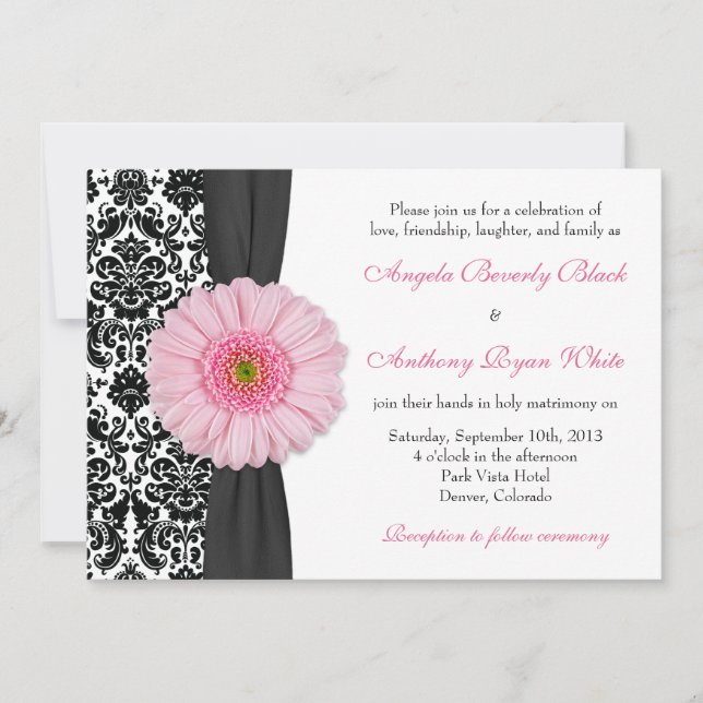 Invitación Gerber Daisy Pale Pink Black Damask Wedding (Anverso)