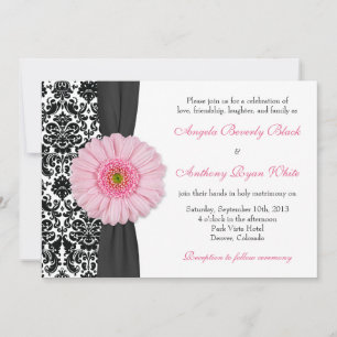 Invitación Gerber Daisy Pale Pink Black Damask Wedding