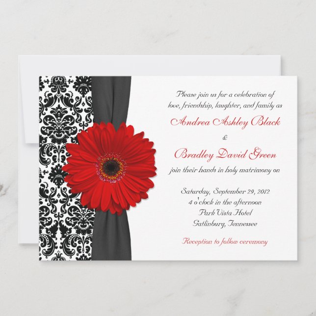 Invitación Gerber Daisy Red Black Damask Wedding (Anverso)