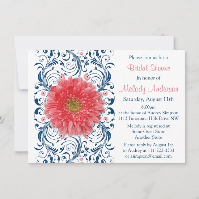Invitación Gerbera Daisy Coral Marina Floral Azul Ducha de no (Anverso)