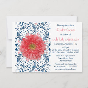 Invitación Gerbera Daisy Coral Marina Floral Azul Ducha de no