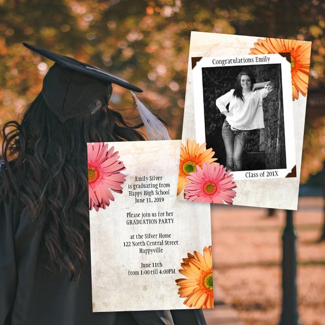 Invitación Gerbera Daisy Daughters Foto Graduada (Subido por el creador)