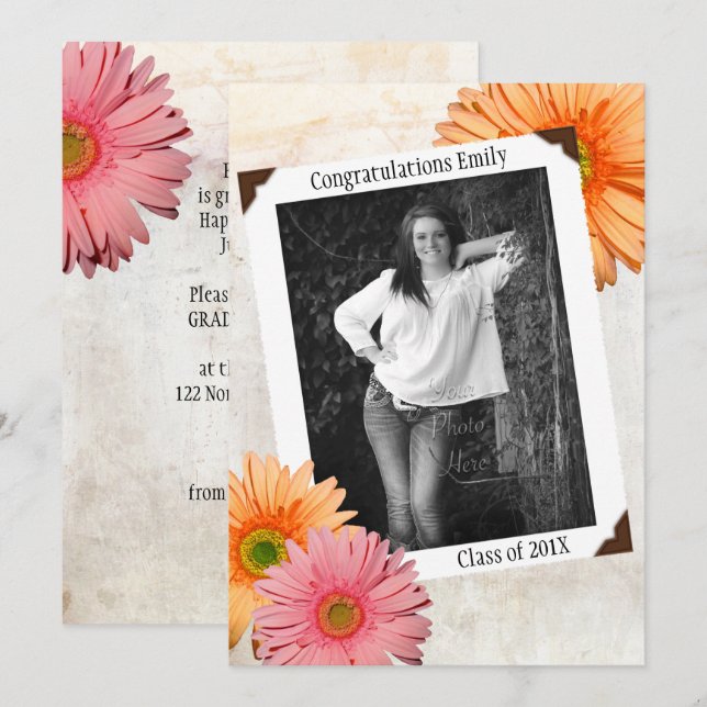 Invitación Gerbera Daisy Daughters Foto Graduada (Anverso / Reverso)