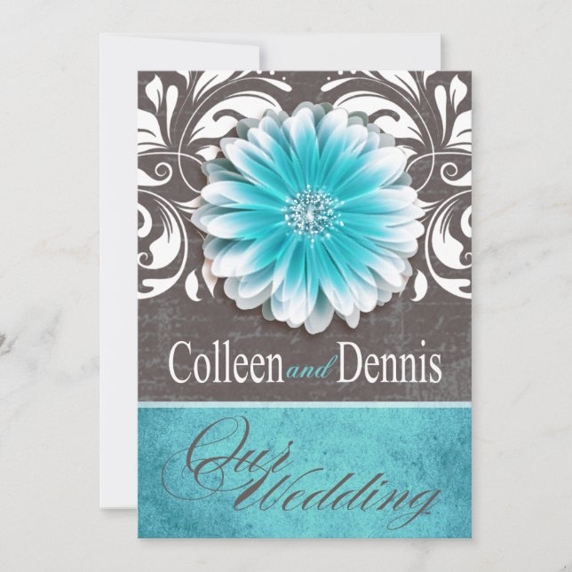 Invitación Gerbera Daisy Scroll 1 tablero verde azulado Boda (Anverso)