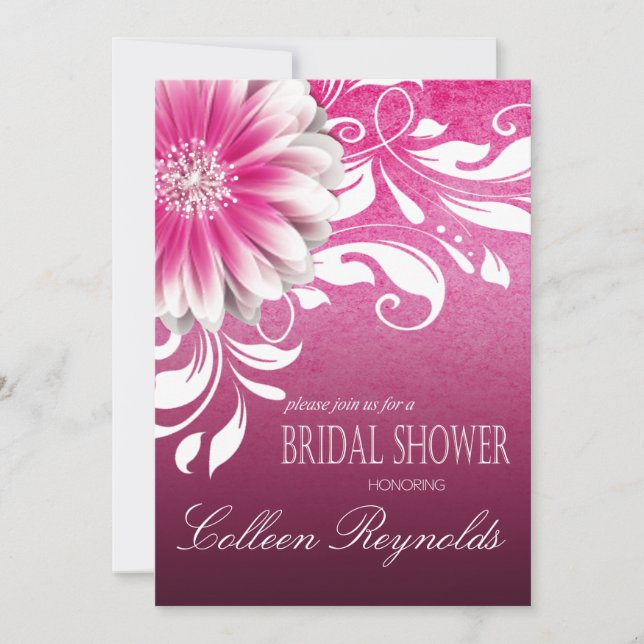 Invitación Gerbera Daisy Scroll Bridal Shower fuschia (Anverso)