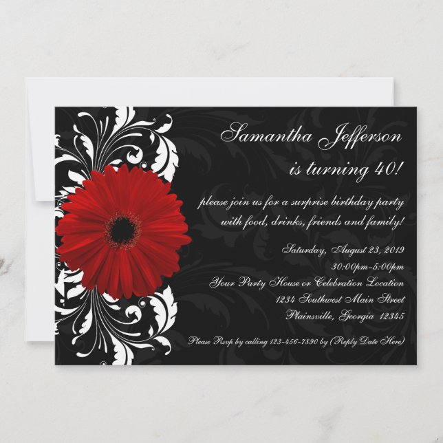 Invitación Gerbera roja, negra y blanca Daisy 40 cumpleaños (Anverso)