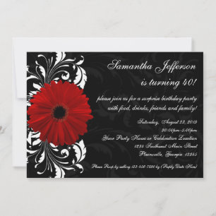 Invitación Gerbera roja, negra y blanca Daisy 40 cumpleaños