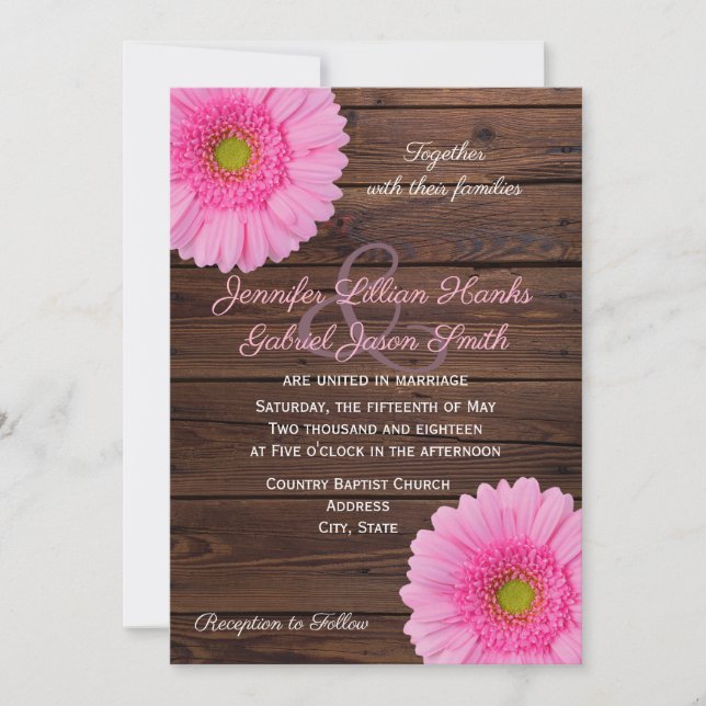 Invitación Gerbera rosa daisy floral boda de madera rústica (Anverso)