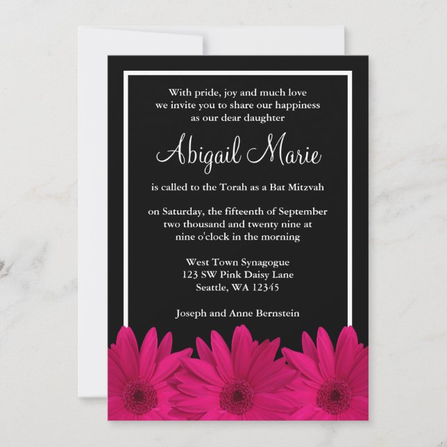 Invitación Gerbera rosa y negra Daisy Bat Mitzvah (Anverso)