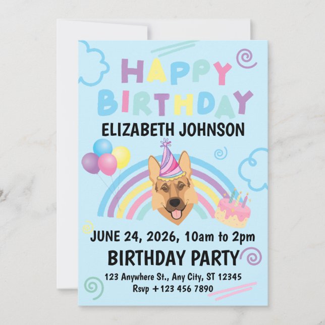 Invitación German Shepherd Birthday Invitation in Blue (Anverso)