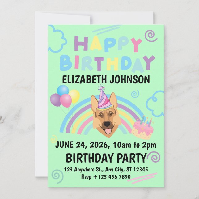 Invitación German Shepherd Birthday Invitation in Green (Anverso)