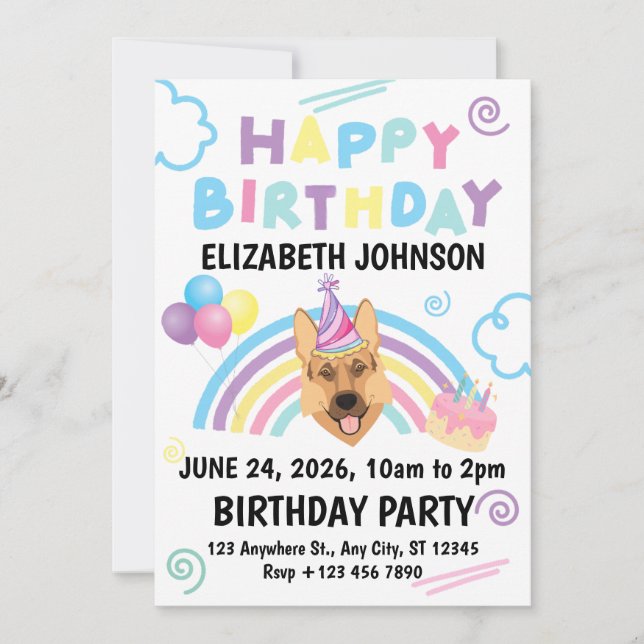Invitación German Shepherd Birthday Invitation in White (Anverso)