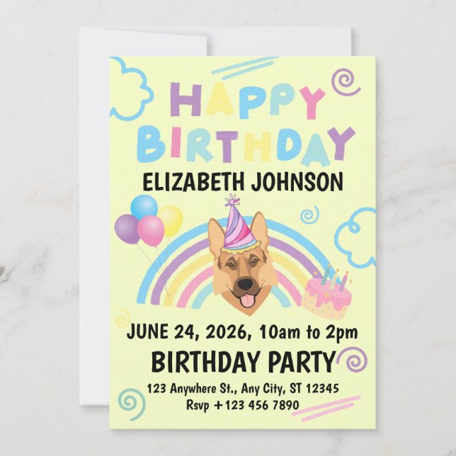 Invitación German Shepherd Birthday Invitation in Yellow (Anverso)